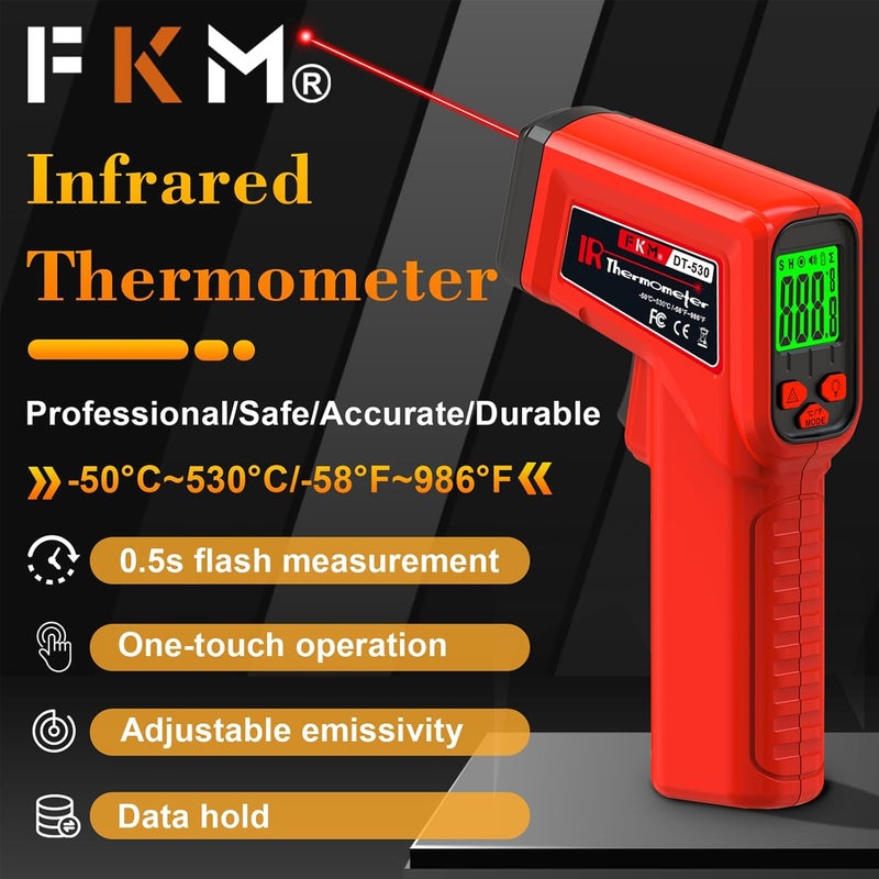FKM Laser Thermometer Gun Non-Contact Infrared Temperature Gun,-58°F~986°F(-50°C~530°C) AdjustableEmissivity,Digital Thermometer Gun for Industrial,Kitchen Cooking,Oven,Automotive,HVAC,Not for Human - Image 2